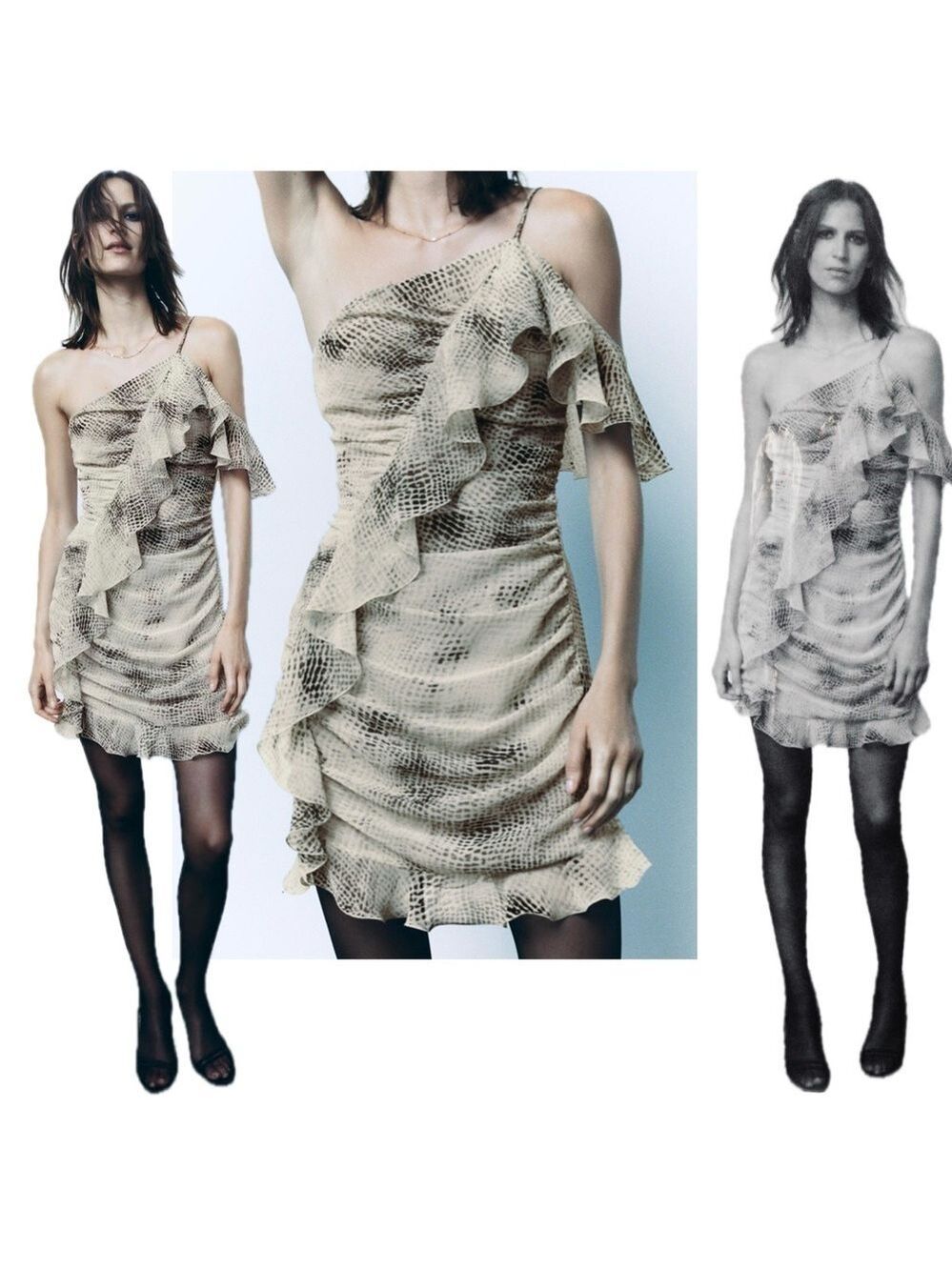 Zara animal snake print one Shoulder asymmetrical ruffle frill mini dress XL